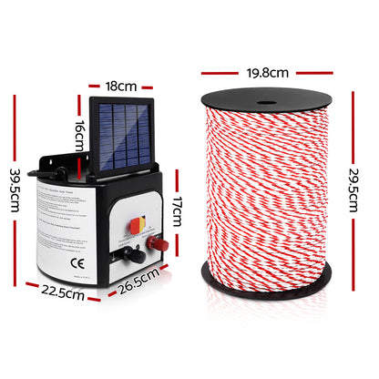 Image of a Giantz Fence Energiser 8KM Solar Powered Electric 500M Poly Rope kit, featuring a unit with a solar panel on top, versatile fence charger spool of electric fence wire, connecting cables, hooks, and a yellow warning sign reading "Shock Warning: Electric Fence." Ideal for livestock protection.