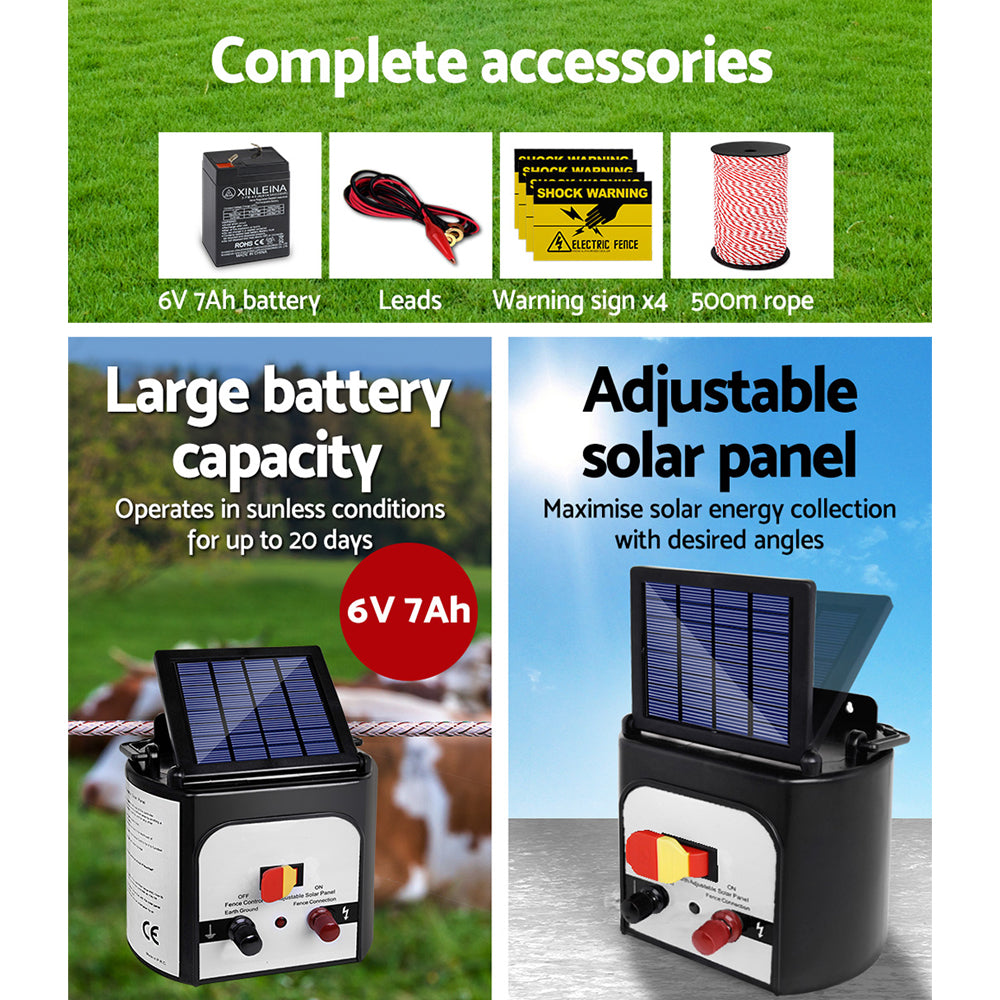 Image of a Giantz Fence Energiser 8KM Solar Powered Electric 500M Poly Rope kit, featuring a unit with a solar panel on top, versatile fence charger spool of electric fence wire, connecting cables, hooks, and a yellow warning sign reading "Shock Warning: Electric Fence." Ideal for livestock protection.