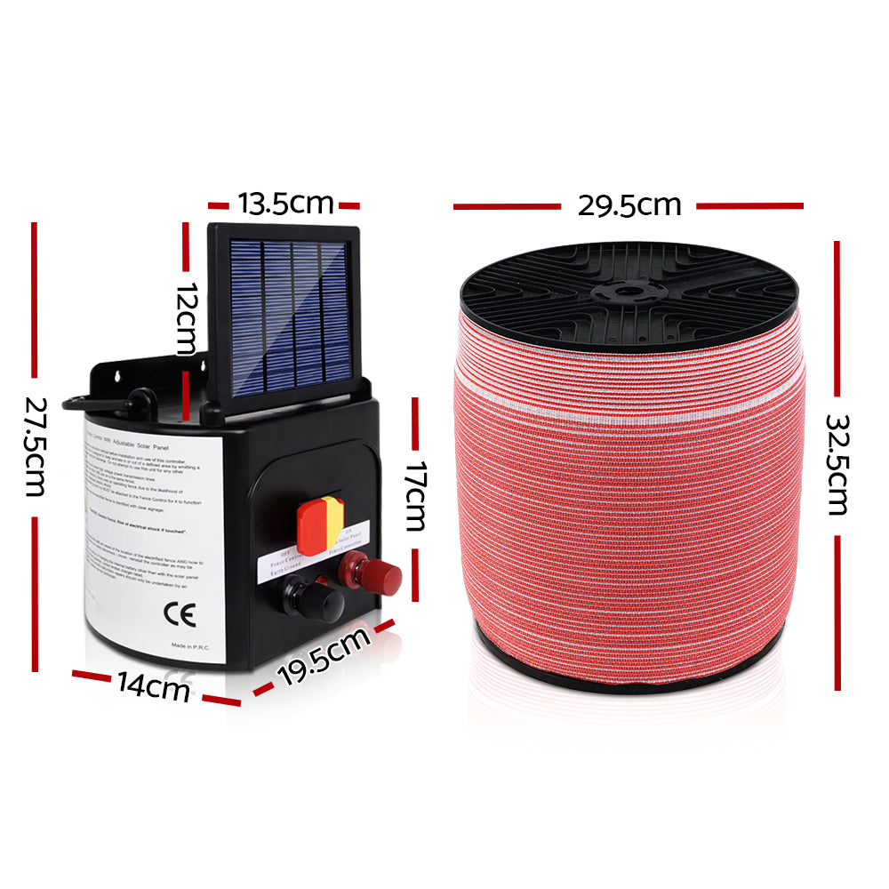 A Giantz Fence Energiser 5KM Solar Powered Electric 2000M Poly Tape is shown, featuring a monocrystalline solar panel, connectors, and a coil of red and black fencing wire. Also included are red and black alligator clips, a black grounding wire with a clip, and a yellow shock warning sign.