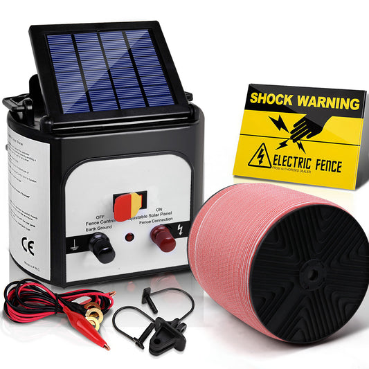 A Giantz Fence Energiser 8KM Solar Powered Electric 2000M Poly Tape kit includes a solar panel unit with control knobs, a roll of electrified wire, a yellow shock warning sign, and various accessories like leads and clips, ensuring reliable livestock protection.