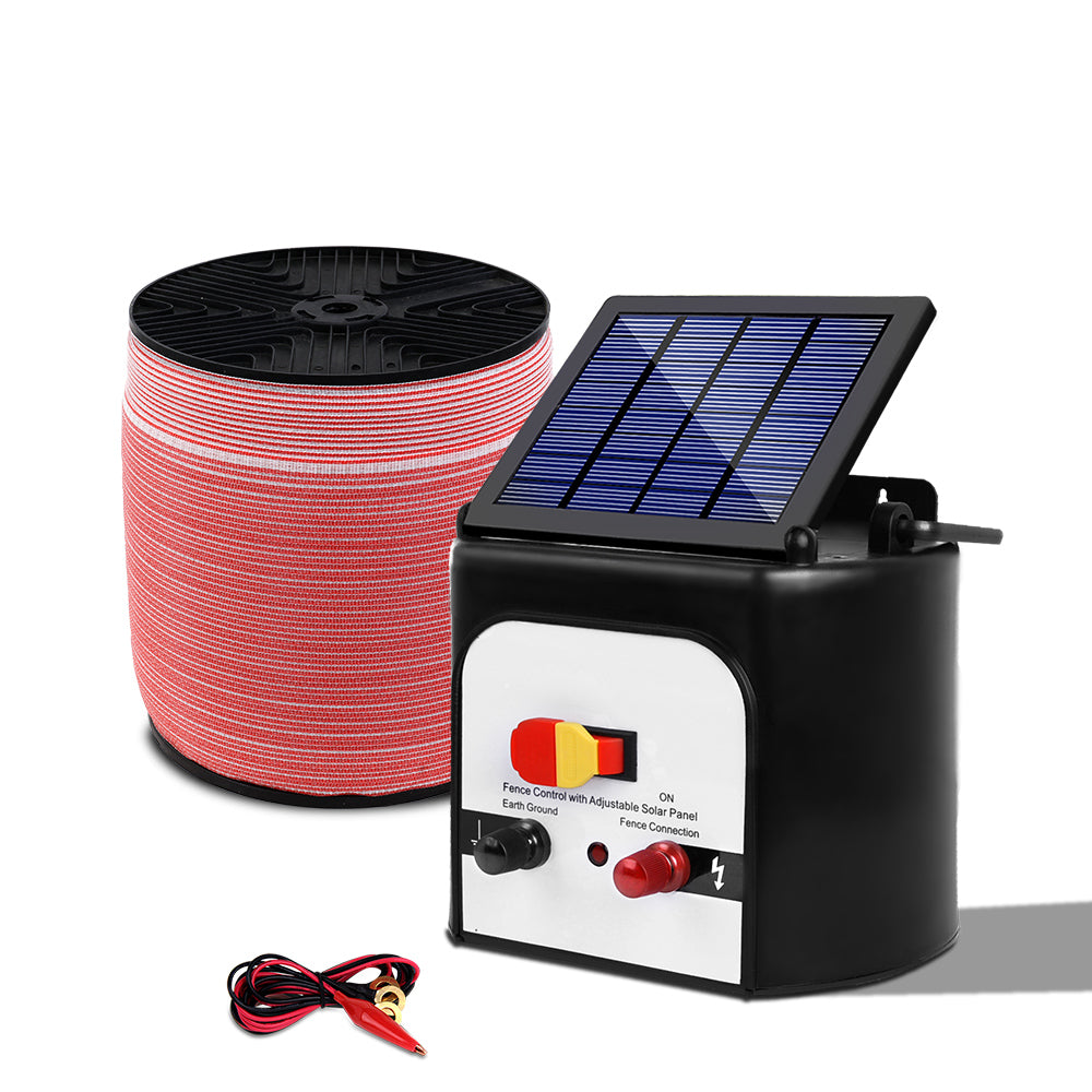 A Giantz Fence Energiser 8KM Solar Powered Electric 2000M Poly Tape kit includes a solar panel unit with control knobs, a roll of electrified wire, a yellow shock warning sign, and various accessories like leads and clips, ensuring reliable livestock protection.