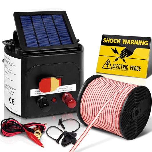 A Giantz Fence Energiser 3KM Solar Powered Electric 400M Poly Tape Insulator for livestock protection, featuring a black control box with a solar panel on top, various connectors, cables, a reel of red and white striped wire, and a yellow "Shock Warning" sign depicting a hand touching an electrified fence.