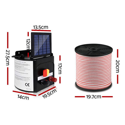 A Giantz Fence Energiser 3KM Solar Powered Electric 400M Poly Tape Insulator for livestock protection, featuring a black control box with a solar panel on top, various connectors, cables, a reel of red and white striped wire, and a yellow "Shock Warning" sign depicting a hand touching an electrified fence.