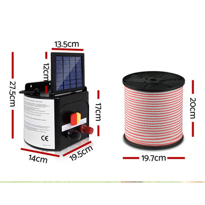 A Giantz Fence Energiser 5KM Solar Powered Electric 400M Poly Tape Insulator, featuring a black box with a solar panel on top and connectors on the front, includes a roll of red and white striped electric fence wire, warning signs, and red and black electrical clamps. Perfect for livestock containment and effective animal deterrent.