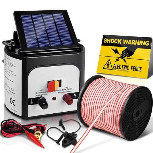 Image of a Giantz Fence Energiser 8KM Solar Powered Electric 400M Poly Tape Insulator featuring a spool of red and white fencing wire, various connectors and cables, and a yellow "Shock Warning" sign with a hand being struck by an electric bolt. Ideal for effective livestock containment.