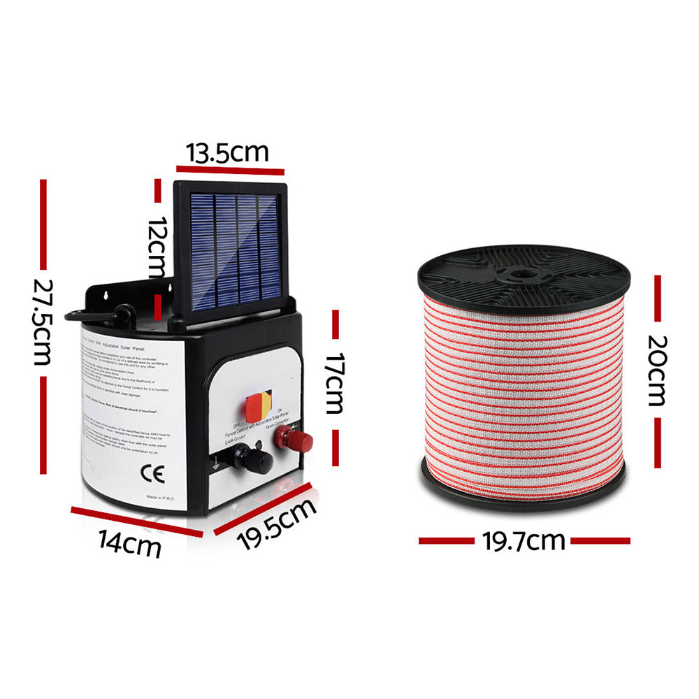 Image of a Giantz Fence Energiser 8KM Solar Powered Electric 400M Poly Tape Insulator featuring a spool of red and white fencing wire, various connectors and cables, and a yellow "Shock Warning" sign with a hand being struck by an electric bolt. Ideal for effective livestock containment.