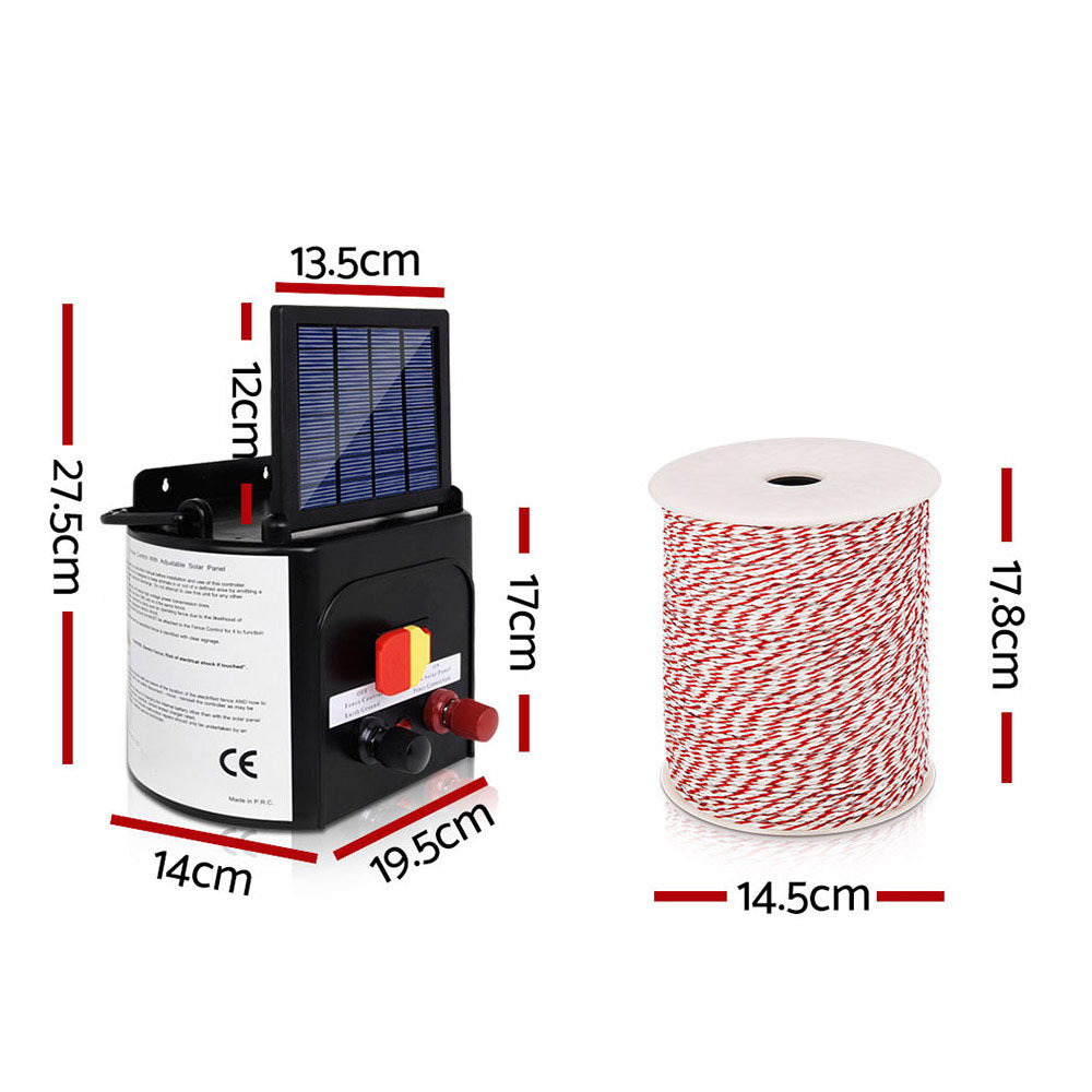 A Giantz Fence Energiser 3KM Solar Powered Electric 500M Poly Wire Insulator system is shown, including a solar panel unit, a spool of red and white wire, alligator clips, and various accessories for low maintenance livestock containment. A warning sign reading "Shock Warning Electric Fence" with a hand graphic is also visible.