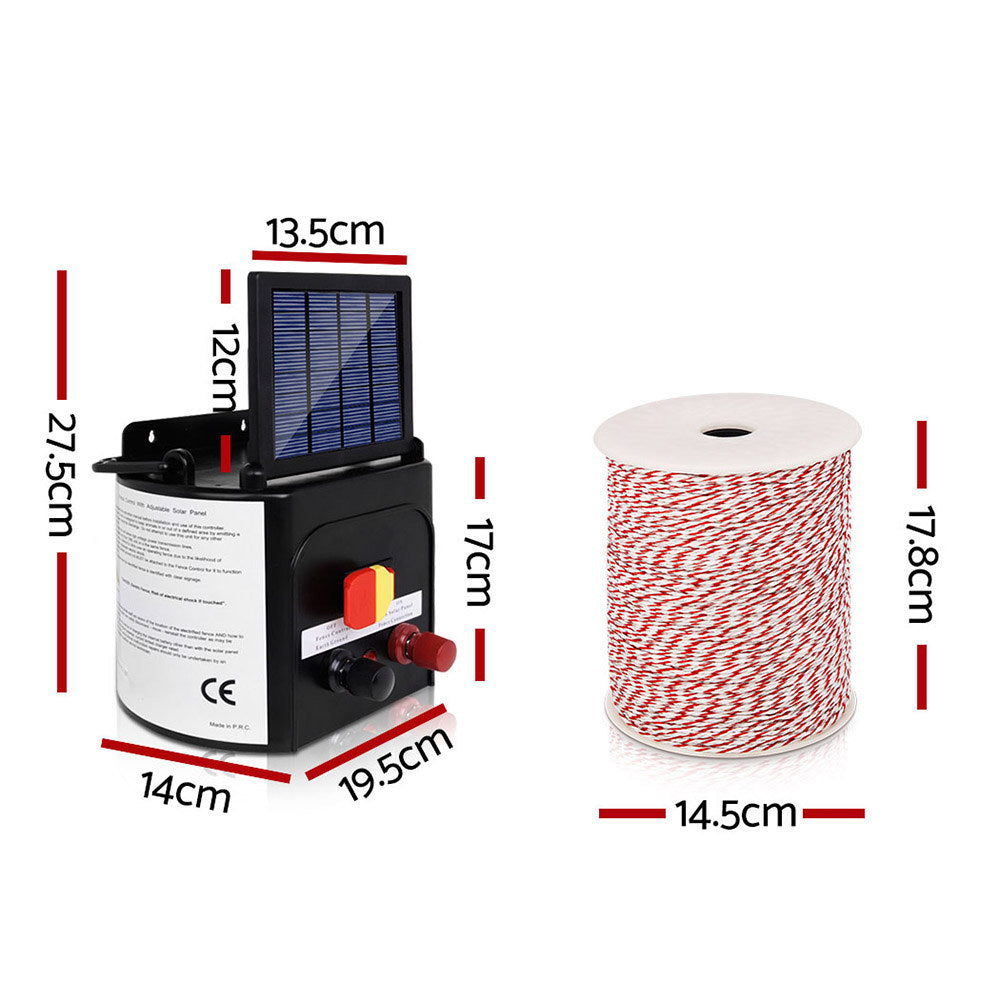 A Giantz Fence Energiser 5KM Solar Powered Electric 500M Poly Wire Insulator kit ideal for livestock fencing, featuring a black control unit with a small solar panel on top, connectors, and switches. Includes red and white striped fencing wire, black clips, and a yellow "Shock Warning" sign indicating electric fence danger. Low maintenance.