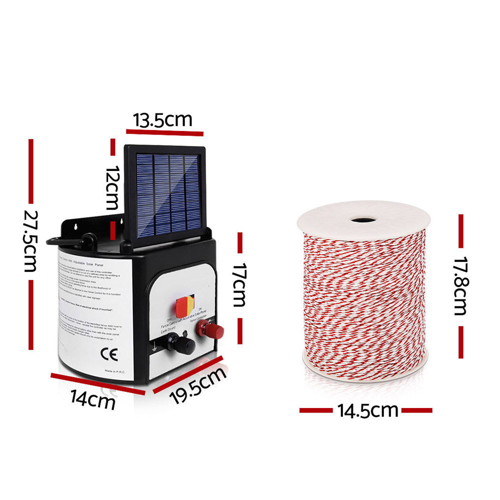 A Giantz Fence Energiser 8KM Solar Powered Electric 500M Poly Wire Insulator set on a white background designed for livestock and pet protection. The set features an 8km fence charger with a solar panel-topped energizer unit, a spool of red and white fence wire, alligator clips, a grounding stake, and a yellow "Shock Warning" sign with an electric fence symbol.