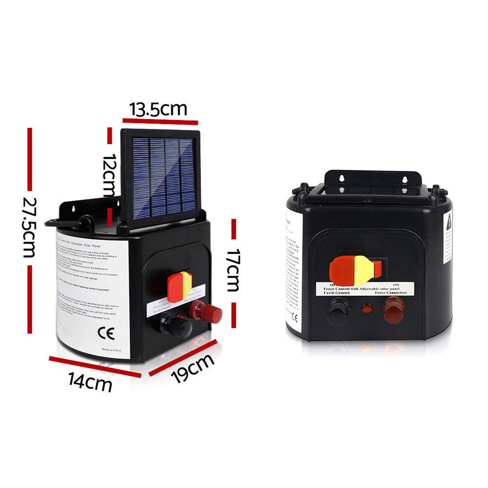 Image split into two sections. The left shows a Giantz Fence Energiser 3KM Solar Powered 0.1J Electric Fencing Charger in front of cows with the text "Large capacity battery, Operates in sunless conditions up to 15 days, 6V 4.5Ah." The right section shows the same device with the text "Adjustable solar panel, Maximized solar energy collection for efficient livestock containment.