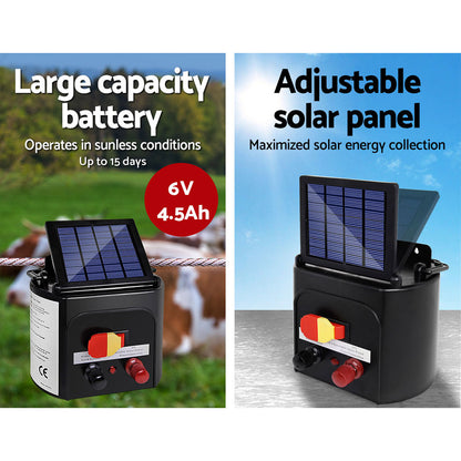 Image split into two sections. The left shows a Giantz Fence Energiser 3KM Solar Powered 0.1J Electric Fencing Charger in front of cows with the text "Large capacity battery, Operates in sunless conditions up to 15 days, 6V 4.5Ah." The right section shows the same device with the text "Adjustable solar panel, Maximized solar energy collection for efficient livestock containment.