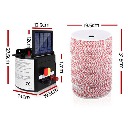 Image of a Giantz Fence Energiser 3KM Solar Powered Electric 2KM Poly Wire kit featuring a black control unit with a small solar panel on top, a large spool of red and white wire, two yellow "Shock Warning" signs with a lightning bolt graphic, and a pair of red and black alligator clips. Perfect for low maintenance livestock containment.