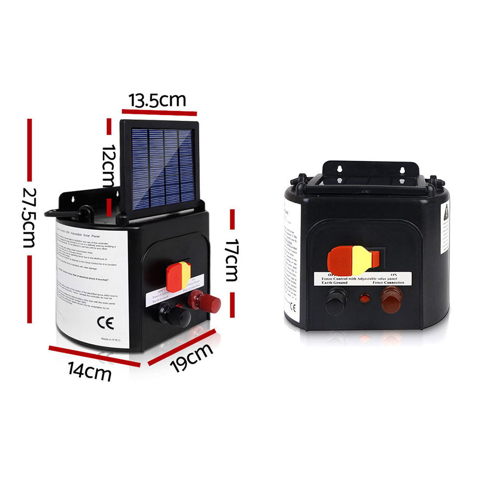 A promotional image for a Giantz Fence Energiser 5KM Solar Powered 0.15J Electric Fencing Charger. The top section shows horses grazing behind a fence. The text details safety and voltage drop, essential for effective livestock control. The bottom section highlights included accessories: a 6V 4.5Ah battery, leads, and four shock warning signs.