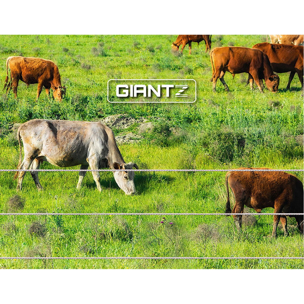 A promotional image for a Giantz Fence Energiser 5KM Solar Powered 0.15J Electric Fencing Charger. The top section shows horses grazing behind a fence. The text details safety and voltage drop, essential for effective livestock control. The bottom section highlights included accessories: a 6V 4.5Ah battery, leads, and four shock warning signs.