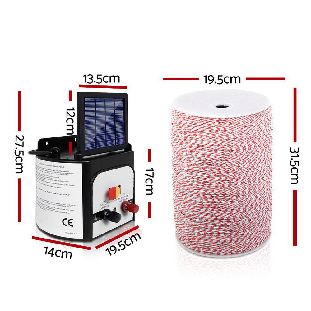 A Giantz Fence Energiser 8KM Solar Powered Electric 2KM Poly Wire with a connected control box, monocrystalline solar panel, and wires. The set also includes a large spool of red and white electric fencing wire for livestock protection, along with several yellow "Shock Warning" signs.