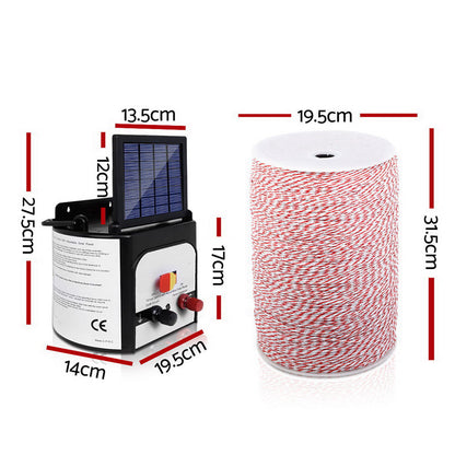 A Giantz Fence Energiser 8KM Solar Powered Electric 2KM Poly Wire with a connected control box, monocrystalline solar panel, and wires. The set also includes a large spool of red and white electric fencing wire for livestock protection, along with several yellow "Shock Warning" signs.