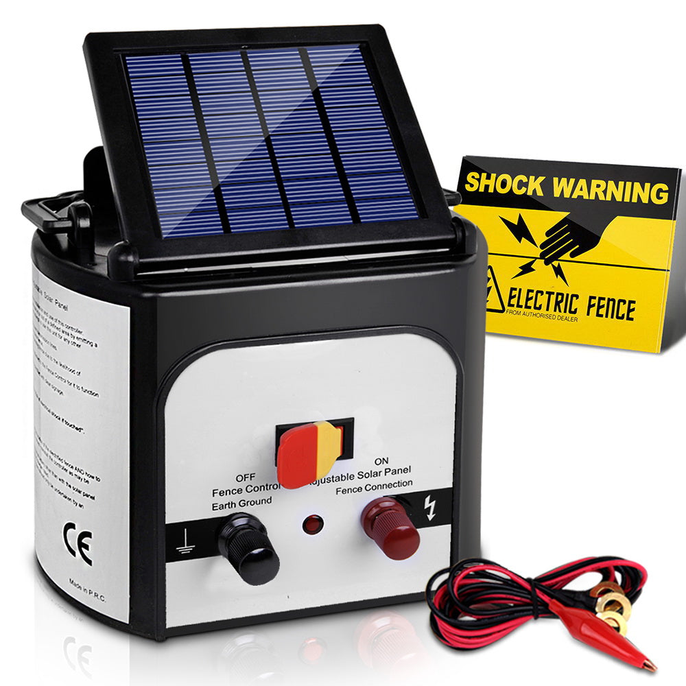 Image of a Giantz Fence Energiser 8KM Solar Powered 0.3J Electric Fencing Charger. The left side highlights "Large battery capacity operates in sun-less conditions for up to 20 days" with "6V 7Ah" in a red circle. Ideal for livestock fencing, the right side features an adjustable solar panel to maximize energy collection with desired angles.