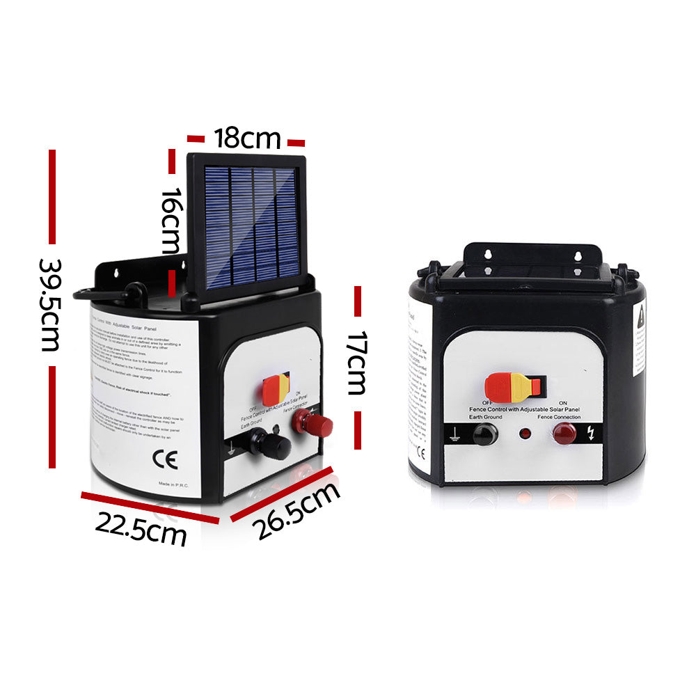 Image of a Giantz Fence Energiser 8KM Solar Powered 0.3J Electric Fencing Charger. The left side highlights "Large battery capacity operates in sun-less conditions for up to 20 days" with "6V 7Ah" in a red circle. Ideal for livestock fencing, the right side features an adjustable solar panel to maximize energy collection with desired angles.