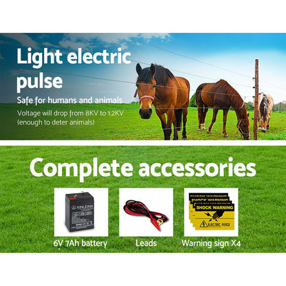 Image of a Giantz Fence Energiser 8KM Solar Powered 0.3J Electric Fencing Charger. The left side highlights "Large battery capacity operates in sun-less conditions for up to 20 days" with "6V 7Ah" in a red circle. Ideal for livestock fencing, the right side features an adjustable solar panel to maximize energy collection with desired angles.