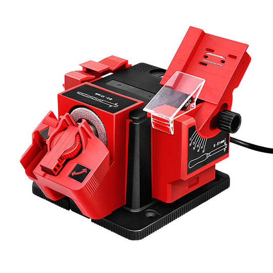 An electric red and black Giantz Tool Sharpener 96W Electric Drill Bit Knife Scissor Chisel Planer Grinder with various slots and a transparent protective cover on the sharpening mechanism. Featuring adjustment dials, a 96W motor, and a power cord, the unit is mounted on a black base with a textured surface for stability.