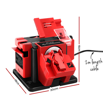 An electric red and black Giantz Tool Sharpener 96W Electric Drill Bit Knife Scissor Chisel Planer Grinder with various slots and a transparent protective cover on the sharpening mechanism. Featuring adjustment dials, a 96W motor, and a power cord, the unit is mounted on a black base with a textured surface for stability.