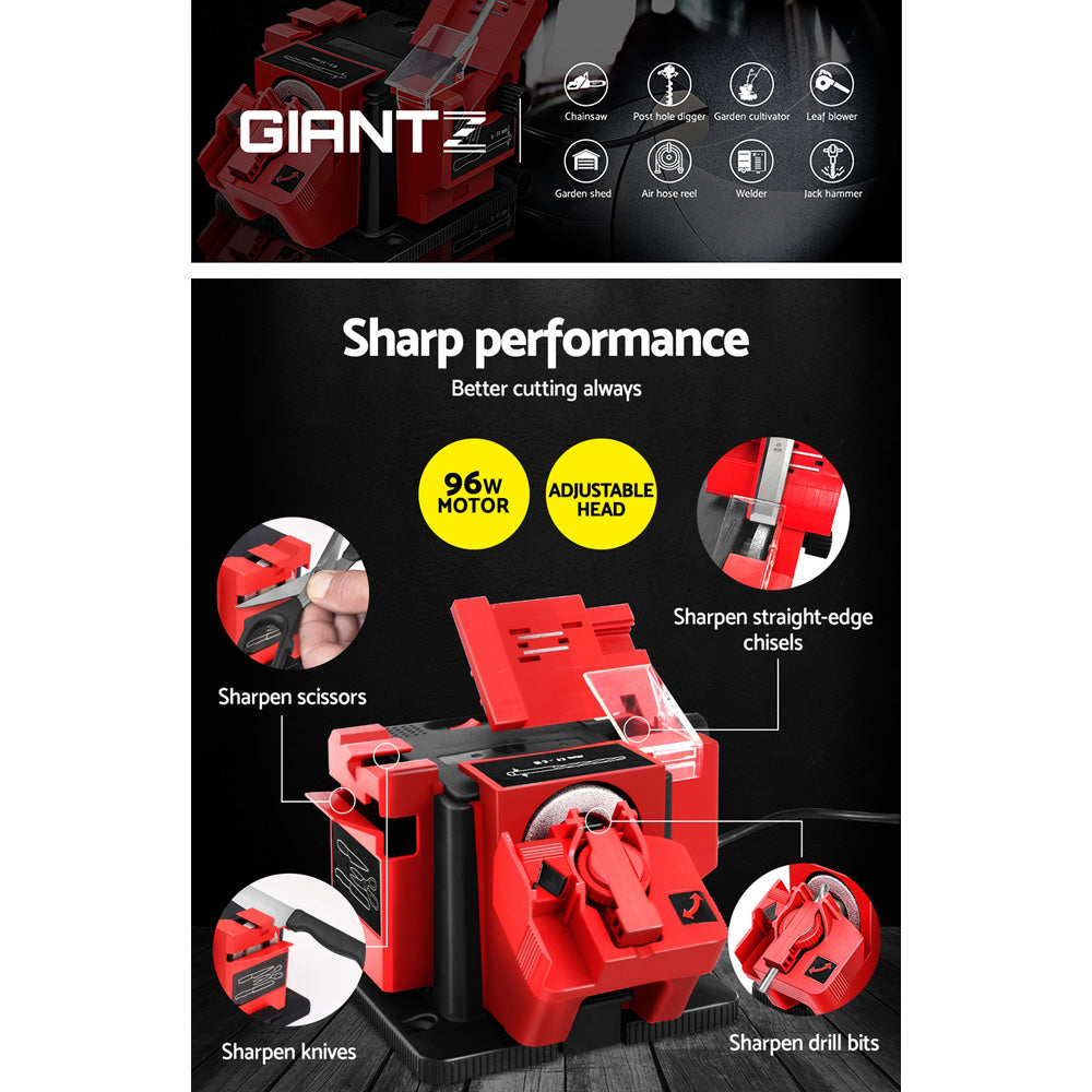 An electric red and black Giantz Tool Sharpener 96W Electric Drill Bit Knife Scissor Chisel Planer Grinder with various slots and a transparent protective cover on the sharpening mechanism. Featuring adjustment dials, a 96W motor, and a power cord, the unit is mounted on a black base with a textured surface for stability.