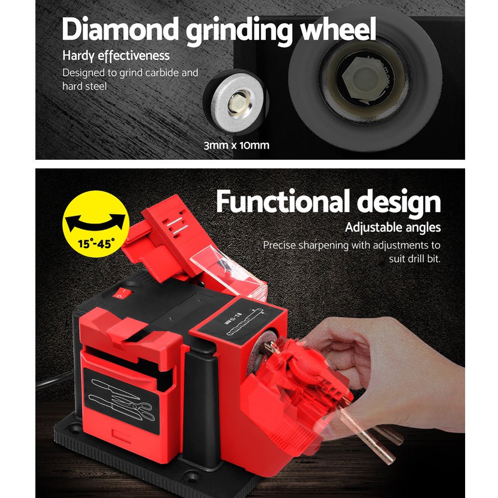 An electric red and black Giantz Tool Sharpener 96W Electric Drill Bit Knife Scissor Chisel Planer Grinder with various slots and a transparent protective cover on the sharpening mechanism. Featuring adjustment dials, a 96W motor, and a power cord, the unit is mounted on a black base with a textured surface for stability.