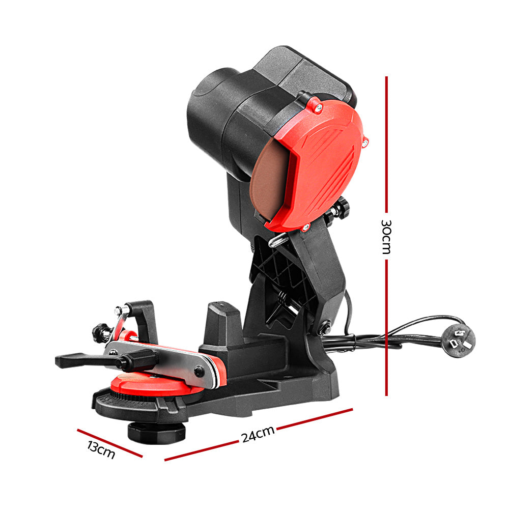 The Giantz Chainsaw Sharpener Electric Chain Blade Sharpening Tool Grinder boasts a red and black design with a sturdy base and adjustable arm. Featuring a 230W induction motor, it includes a grinding wheel and clamps to secure the chain. Additionally, its quick-lock chain clamping system ensures precise sharpening, powered by its reliable corded supply.