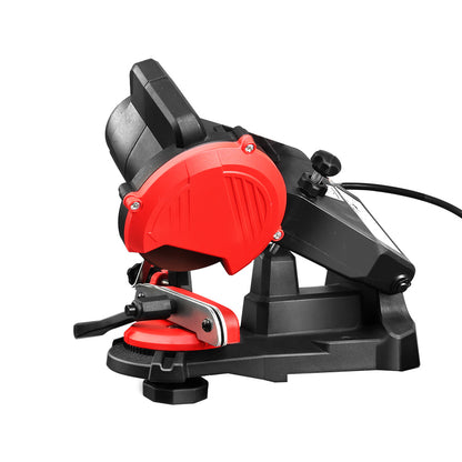 The Giantz Chainsaw Sharpener Electric Chain Blade Sharpening Tool Grinder boasts a red and black design with a sturdy base and adjustable arm. Featuring a 230W induction motor, it includes a grinding wheel and clamps to secure the chain. Additionally, its quick-lock chain clamping system ensures precise sharpening, powered by its reliable corded supply.