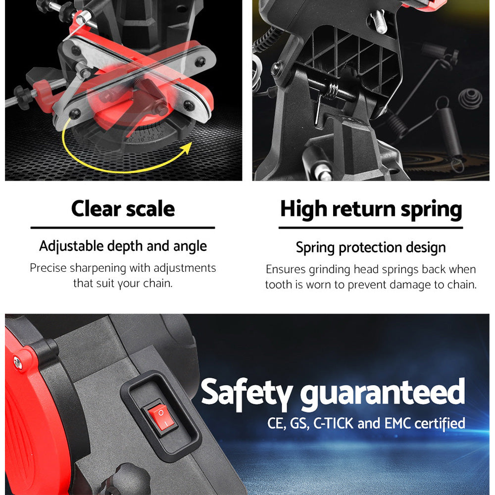 The Giantz Chainsaw Sharpener Electric Chain Blade Sharpening Tool Grinder boasts a red and black design with a sturdy base and adjustable arm. Featuring a 230W induction motor, it includes a grinding wheel and clamps to secure the chain. Additionally, its quick-lock chain clamping system ensures precise sharpening, powered by its reliable corded supply.