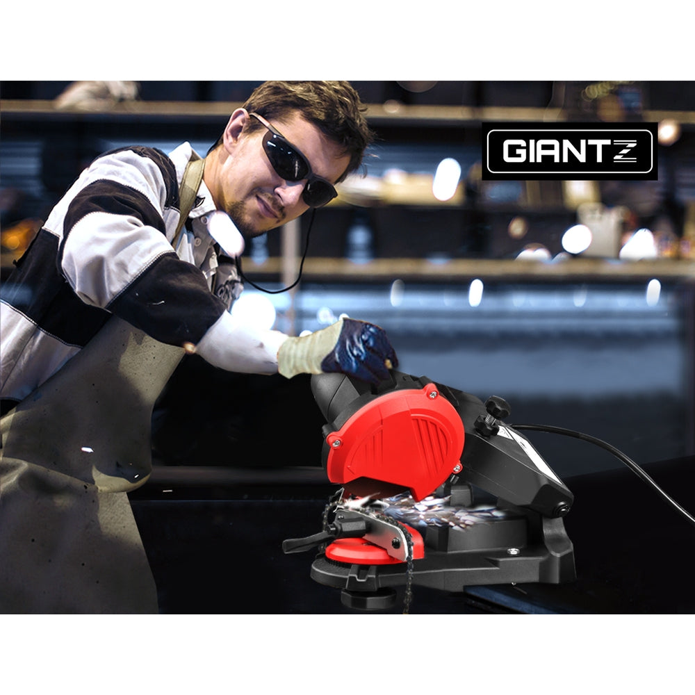 The Giantz Chainsaw Sharpener Electric Chain Blade Sharpening Tool Grinder boasts a red and black design with a sturdy base and adjustable arm. Featuring a 230W induction motor, it includes a grinding wheel and clamps to secure the chain. Additionally, its quick-lock chain clamping system ensures precise sharpening, powered by its reliable corded supply.