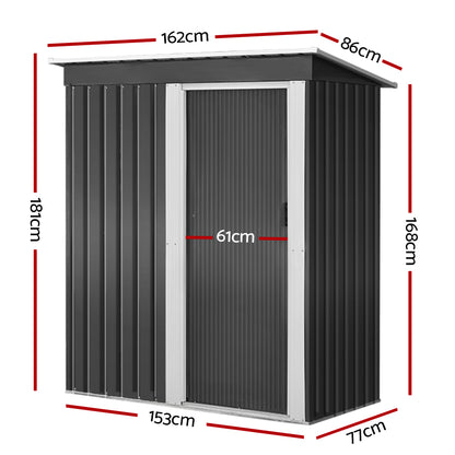 A modern, small black Giantz Garden Shed 1.62x0.86M Sheds Outdoor Storage Tool Workshop House Shelter Sliding Door with a silver-colored door and trim. Constructed from galvanized steel, it features a slanted roof and vertical ridges along the walls and door, designed for weatherproof outdoor storage. The slightly open door offers a glimpse of the interior.