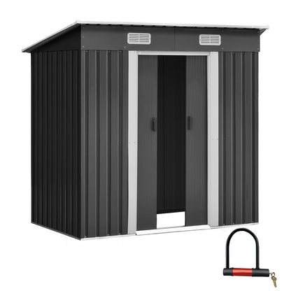 A Giantz Garden Shed 1.94x1.21M Sheds Outdoor Storage Workshop House Tool Shelter Sliding Door crafted from weatherproof galvanized steel features a pitched roof and two ventilation panels near the top. The central double doors are partially open, revealing the interior. The shed has vertical ribbed panels and a modern, utilitarian design.
