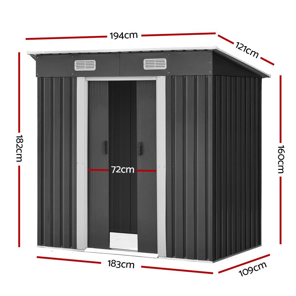 A Giantz Garden Shed 1.94x1.21M Sheds Outdoor Storage Workshop House Tool Shelter Sliding Door crafted from weatherproof galvanized steel features a pitched roof and two ventilation panels near the top. The central double doors are partially open, revealing the interior. The shed has vertical ribbed panels and a modern, utilitarian design.
