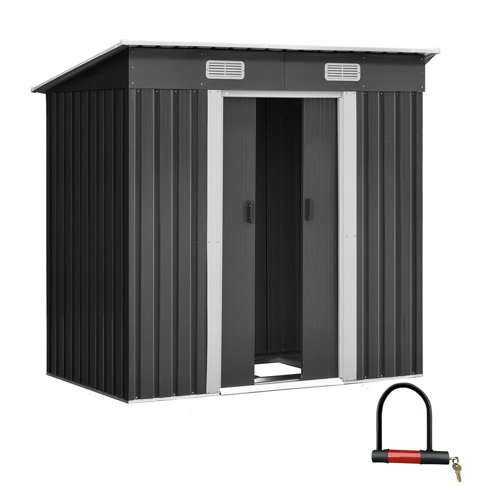 Image of a Giantz Garden Shed 1.94x1.21M w/Metal Base Sheds Outdoor Storage Tool Steel House Sliding Door in dark gray galvanized steel with roof vents and sliding double doors. Dimensions: height 182cm, width 183cm, depth 109cm. Roof dimensions: width 194cm, depth 127cm. Door width: 72cm. This weatherproof shed is perfect for storing garden tools securely.