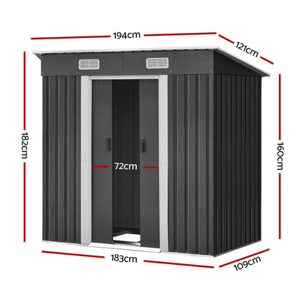 Image of a Giantz Garden Shed 1.94x1.21M w/Metal Base Sheds Outdoor Storage Tool Steel House Sliding Door in dark gray galvanized steel with roof vents and sliding double doors. Dimensions: height 182cm, width 183cm, depth 109cm. Roof dimensions: width 194cm, depth 127cm. Door width: 72cm. This weatherproof shed is perfect for storing garden tools securely.