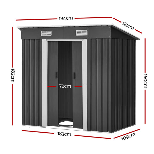 Image of a Giantz Garden Shed 1.94x1.21M w/Metal Base Sheds Outdoor Storage Tool Steel House Sliding Door in dark gray galvanized steel with roof vents and sliding double doors. Dimensions: height 182cm, width 183cm, depth 109cm. Roof dimensions: width 194cm, depth 127cm. Door width: 72cm. This weatherproof shed is perfect for storing garden tools securely.