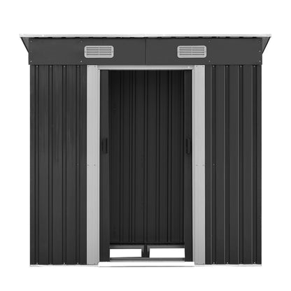 Image of a Giantz Garden Shed 1.94x1.21M w/Metal Base Sheds Outdoor Storage Tool Steel House Sliding Door in dark gray galvanized steel with roof vents and sliding double doors. Dimensions: height 182cm, width 183cm, depth 109cm. Roof dimensions: width 194cm, depth 127cm. Door width: 72cm. This weatherproof shed is perfect for storing garden tools securely.