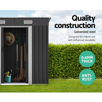 Image of a Giantz Garden Shed 1.94x1.21M w/Metal Base Sheds Outdoor Storage Tool Steel House Sliding Door in dark gray galvanized steel with roof vents and sliding double doors. Dimensions: height 182cm, width 183cm, depth 109cm. Roof dimensions: width 194cm, depth 127cm. Door width: 72cm. This weatherproof shed is perfect for storing garden tools securely.