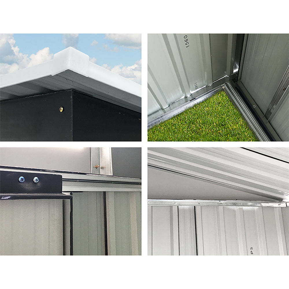 Image of a Giantz Garden Shed 1.94x1.21M w/Metal Base Sheds Outdoor Storage Tool Steel House Sliding Door in dark gray galvanized steel with roof vents and sliding double doors. Dimensions: height 182cm, width 183cm, depth 109cm. Roof dimensions: width 194cm, depth 127cm. Door width: 72cm. This weatherproof shed is perfect for storing garden tools securely.