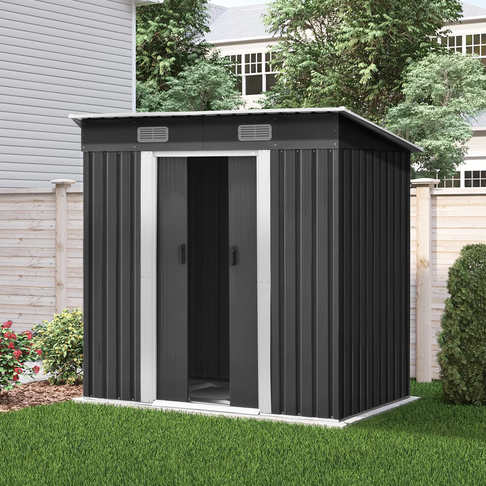 Image of a Giantz Garden Shed 1.94x1.21M w/Metal Base Sheds Outdoor Storage Tool Steel House Sliding Door in dark gray galvanized steel with roof vents and sliding double doors. Dimensions: height 182cm, width 183cm, depth 109cm. Roof dimensions: width 194cm, depth 127cm. Door width: 72cm. This weatherproof shed is perfect for storing garden tools securely.