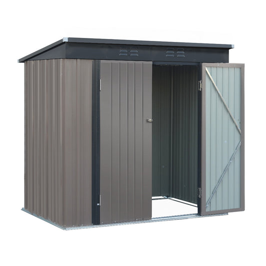 A small, grey Giantz Garden Shed 1.95x1.31M Sheds Outdoor Storage Steel Workshop House Tool Double Door with a slightly slanted roof and open double doors. Constructed from galvanized steel, it reveals a spacious interior perfect for storage. The shed is set against a plain background, offering robust weatherproof protection for your belongings.
