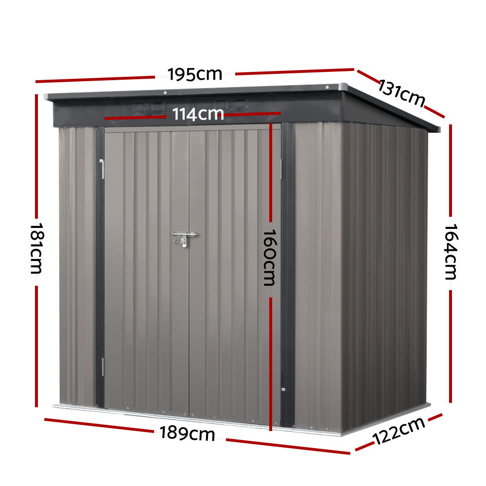 A small, grey Giantz Garden Shed 1.95x1.31M Sheds Outdoor Storage Steel Workshop House Tool Double Door with a slightly slanted roof and open double doors. Constructed from galvanized steel, it reveals a spacious interior perfect for storage. The shed is set against a plain background, offering robust weatherproof protection for your belongings.
