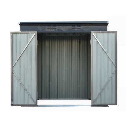 A small, grey Giantz Garden Shed 1.95x1.31M Sheds Outdoor Storage Steel Workshop House Tool Double Door with a slightly slanted roof and open double doors. Constructed from galvanized steel, it reveals a spacious interior perfect for storage. The shed is set against a plain background, offering robust weatherproof protection for your belongings.
