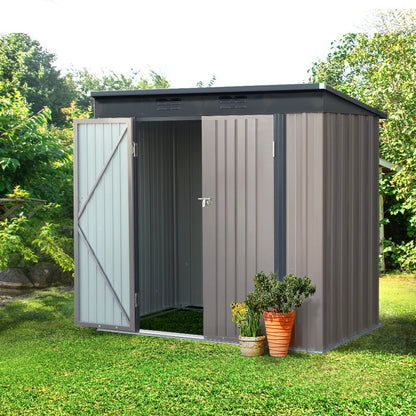 A small, grey Giantz Garden Shed 1.95x1.31M Sheds Outdoor Storage Steel Workshop House Tool Double Door with a slightly slanted roof and open double doors. Constructed from galvanized steel, it reveals a spacious interior perfect for storage. The shed is set against a plain background, offering robust weatherproof protection for your belongings.
