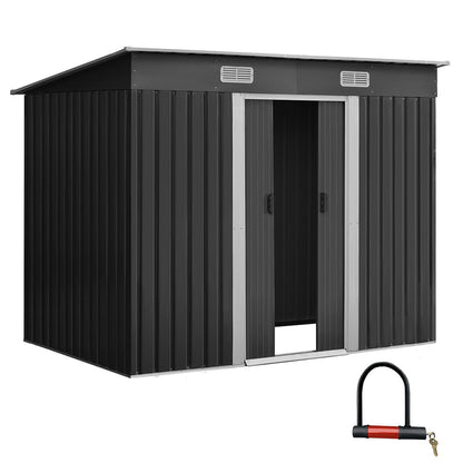 A sleek black Giantz Garden Shed 2.38x1.31M Sheds Outdoor Storage Tool Metal Workshop Shelter Sliding Door with a flat roof and silver trim made of galvanized steel. Dimensions are labeled: width 238cm, depth 131cm, height 178cm in front and 159cm in back. Door width is 79.5cm. Side width is 119cm. Ventilation grids enhance the storage space at the front.