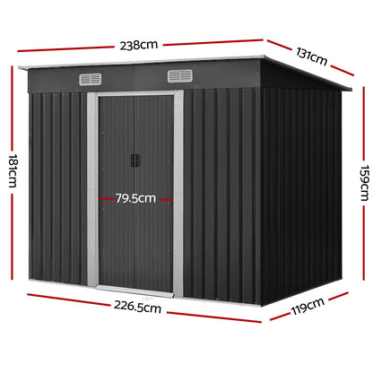 A sleek black Giantz Garden Shed 2.38x1.31M Sheds Outdoor Storage Tool Metal Workshop Shelter Sliding Door with a flat roof and silver trim made of galvanized steel. Dimensions are labeled: width 238cm, depth 131cm, height 178cm in front and 159cm in back. Door width is 79.5cm. Side width is 119cm. Ventilation grids enhance the storage space at the front.