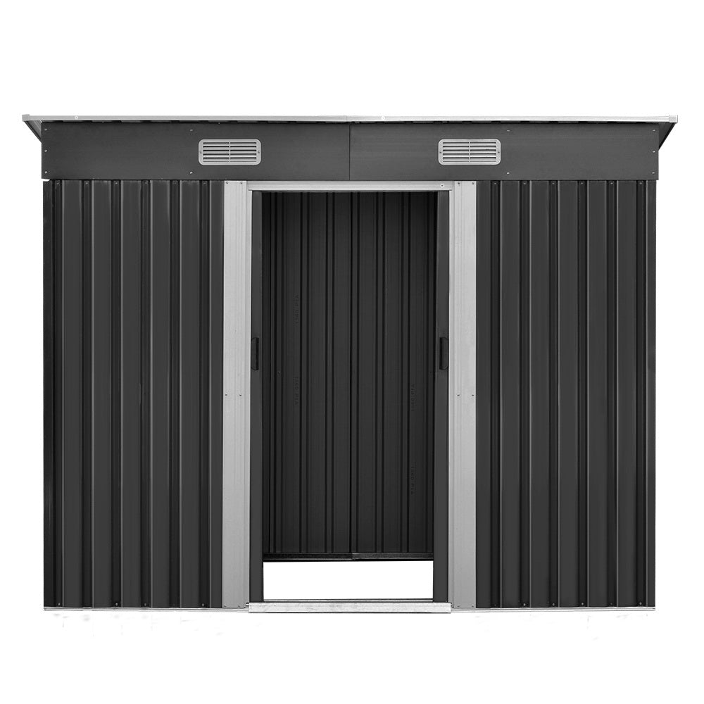 A sleek black Giantz Garden Shed 2.38x1.31M Sheds Outdoor Storage Tool Metal Workshop Shelter Sliding Door with a flat roof and silver trim made of galvanized steel. Dimensions are labeled: width 238cm, depth 131cm, height 178cm in front and 159cm in back. Door width is 79.5cm. Side width is 119cm. Ventilation grids enhance the storage space at the front.