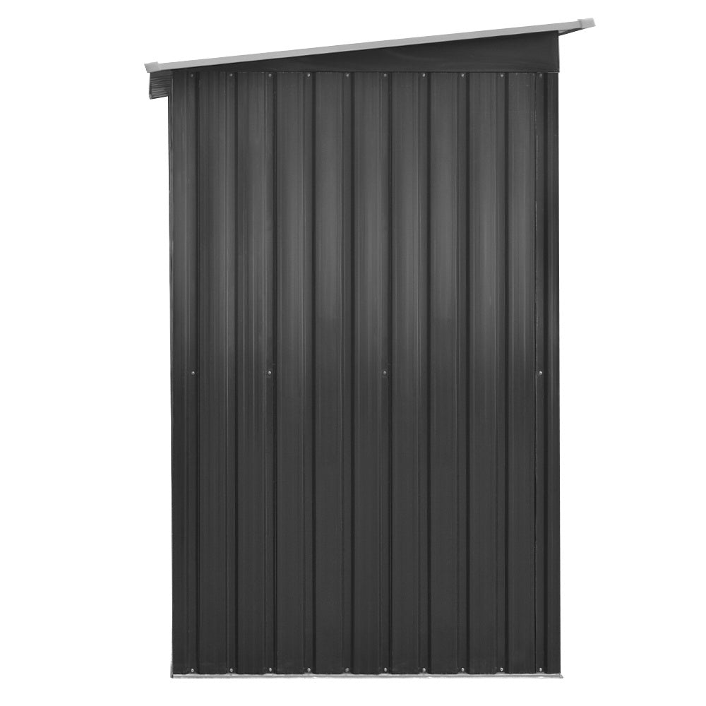 A sleek black Giantz Garden Shed 2.38x1.31M Sheds Outdoor Storage Tool Metal Workshop Shelter Sliding Door with a flat roof and silver trim made of galvanized steel. Dimensions are labeled: width 238cm, depth 131cm, height 178cm in front and 159cm in back. Door width is 79.5cm. Side width is 119cm. Ventilation grids enhance the storage space at the front.