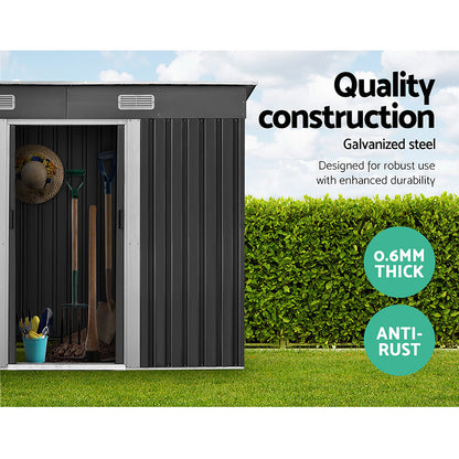 A sleek black Giantz Garden Shed 2.38x1.31M Sheds Outdoor Storage Tool Metal Workshop Shelter Sliding Door with a flat roof and silver trim made of galvanized steel. Dimensions are labeled: width 238cm, depth 131cm, height 178cm in front and 159cm in back. Door width is 79.5cm. Side width is 119cm. Ventilation grids enhance the storage space at the front.